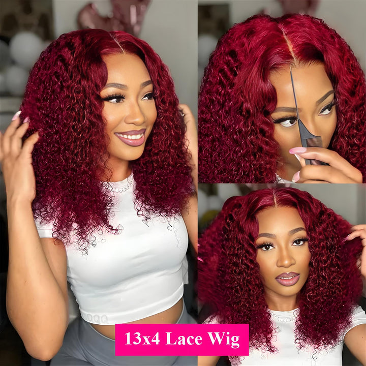 Smiling customer in EuxmeHair Burgundy Lace Wig styled with middle part, showcasing softness, curl volume, and vibrant color under indoor lighting.