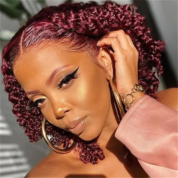 EuxmeHair 99J Burgundy Wig styled in elegant side swoop, showing natural hairline melt and vibrant deep wine curls.