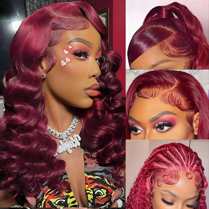 Model wearing EuxmeHair 99J Burgundy deep wave lace wig with varied styles including sleek ponytail and swoop baby hairs.