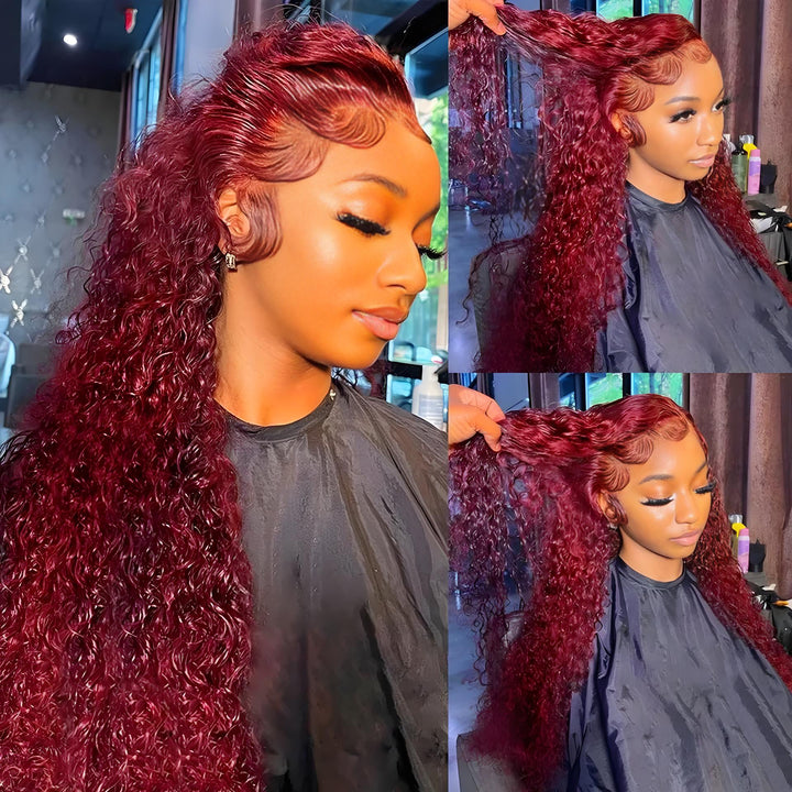 Model showing the install of EuxmeHair deep wave burgundy lace frontal wig, with close-up views of the hairline and parting.