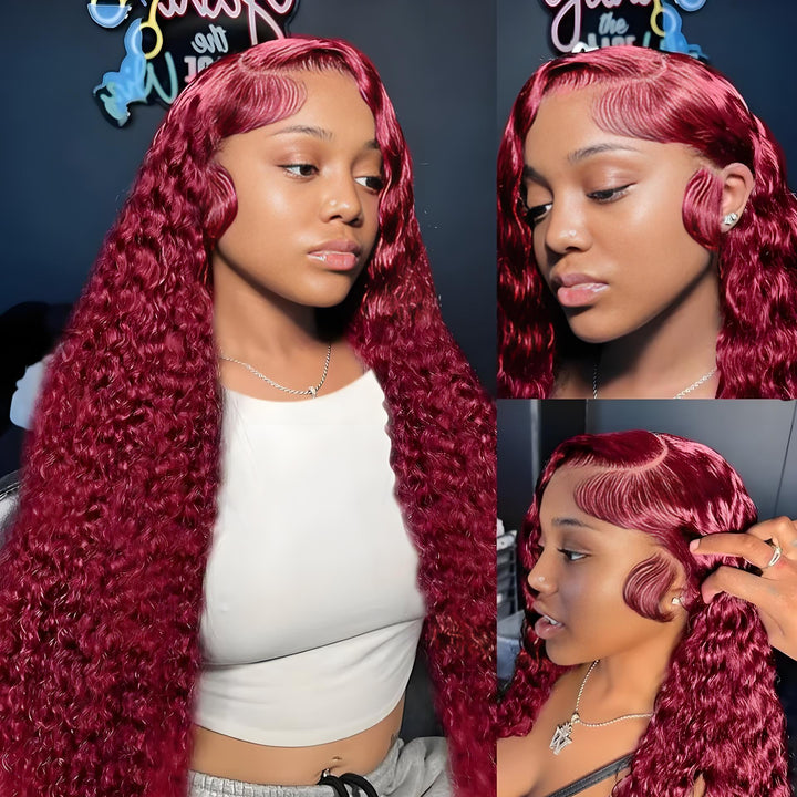 Close-up of styled baby hairs and glossy burgundy curls from 99J kinky curly human hair frontal wig.