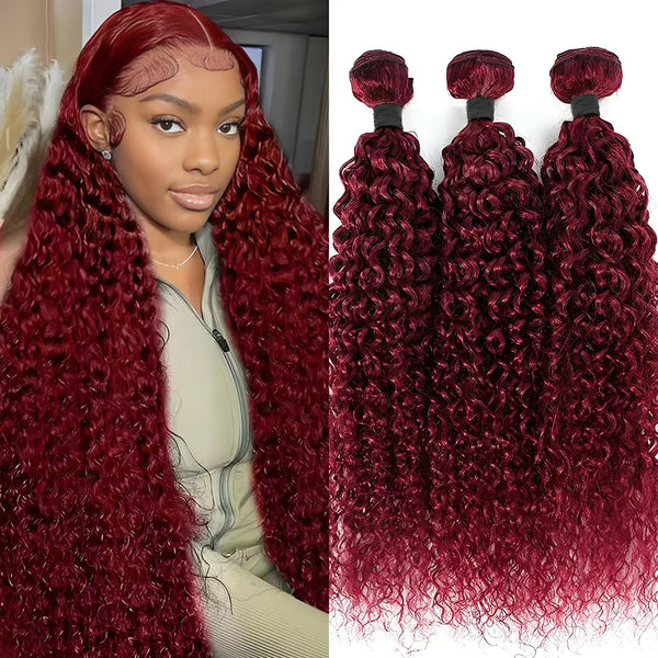 Model wearing burgundy kinky curly hair with baby hairs styled; side-by-side view with three bundled extensions.