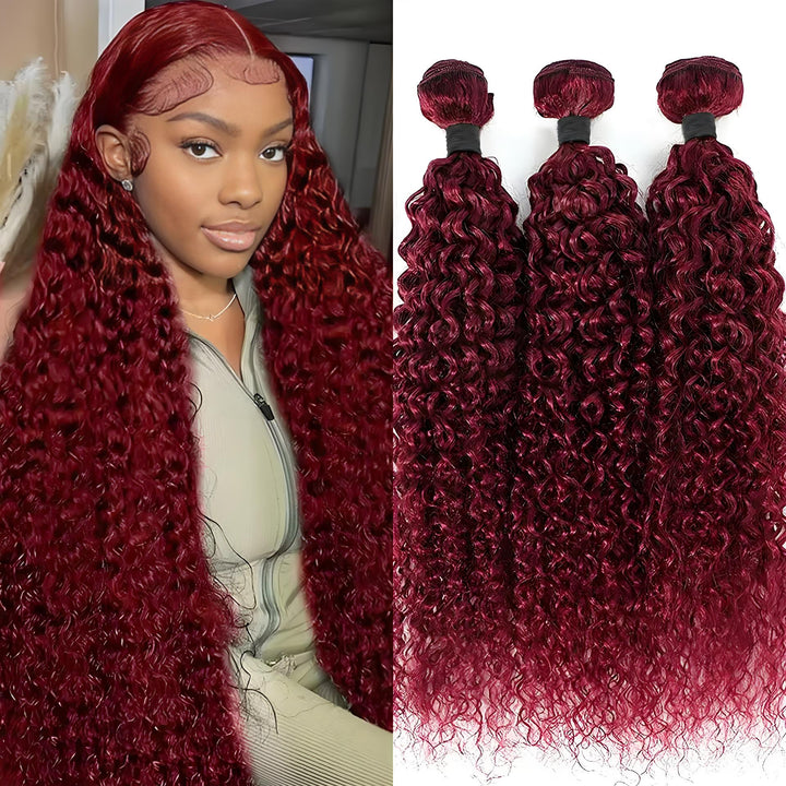 Model wearing burgundy kinky curly hair with baby hairs styled; side-by-side view with three bundled extensions.