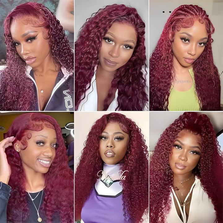 Collage of six customers wearing 99J kinky curly virgin Brazilian hair, each with unique styling and natural burgundy tones.