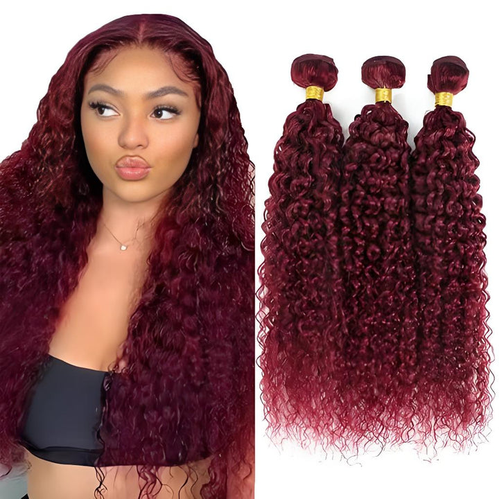 Model with deep burgundy kinky curly hair styled in a middle part; product display of matching three bundles.
