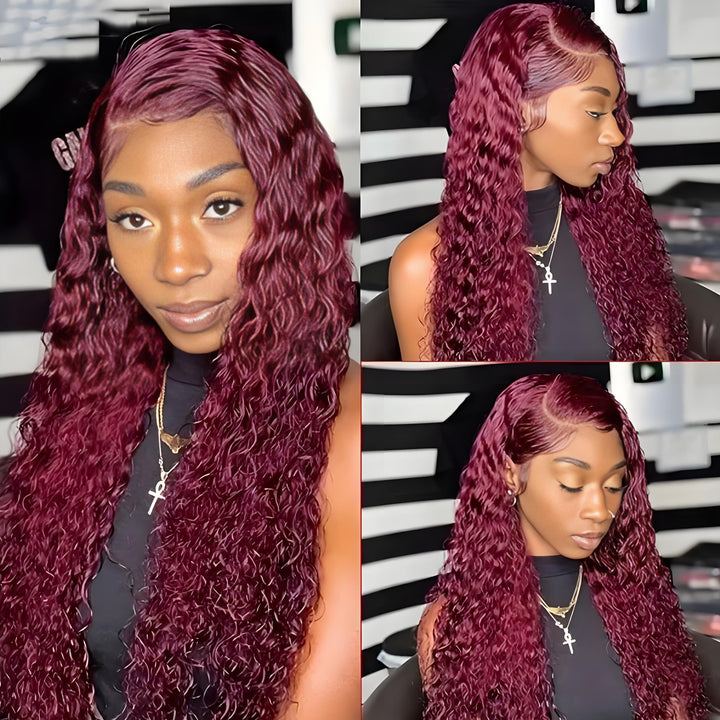 Model showcasing burgundy 99J kinky curly hair bundles with a side part and defined edges, styled in a sleek frontal install.
