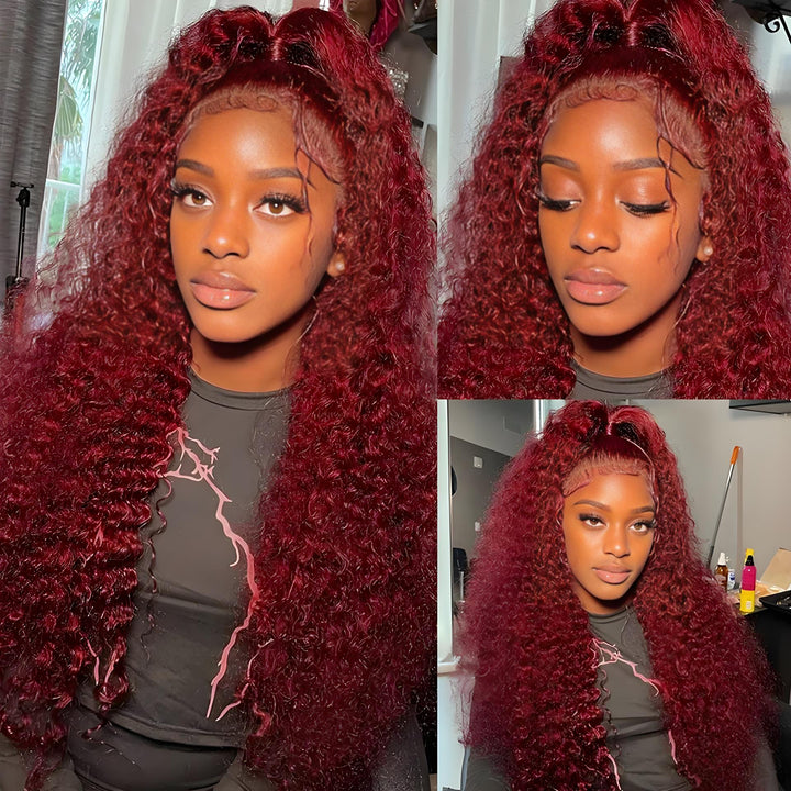 Model showing voluminous half-up half-down hairstyle using 99J kinky curly bundles in vibrant burgundy shade.