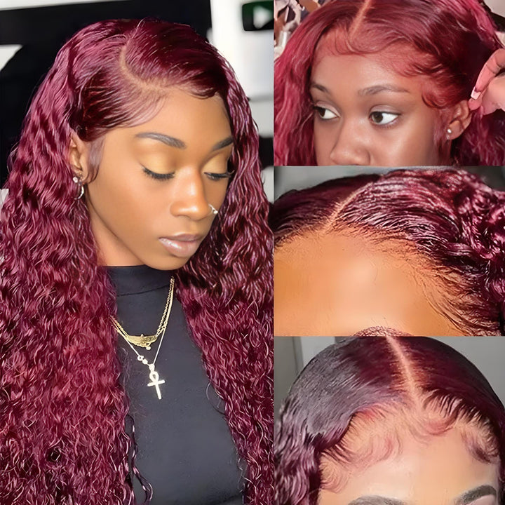 Zoom-in collage of lace parting, hairline, and baby hairs on a burgundy kinky curly frontal wig installation.