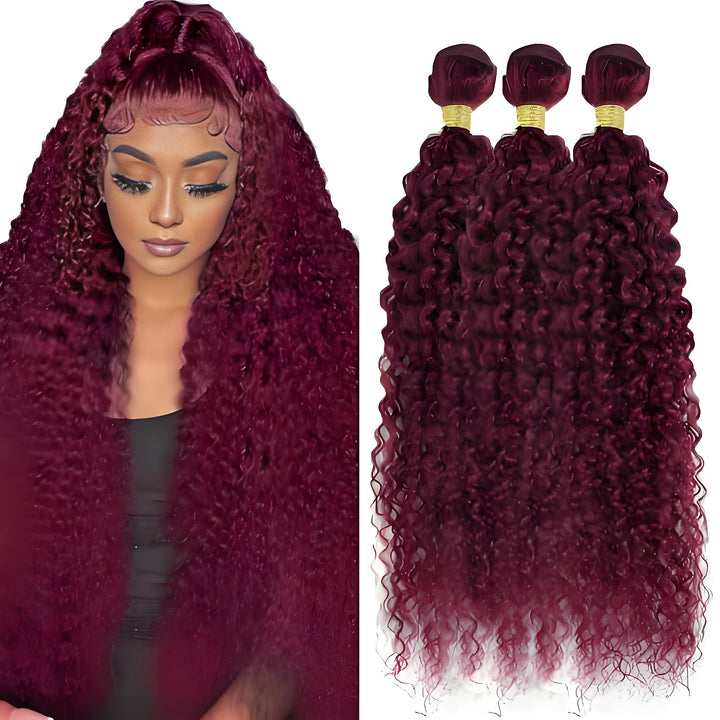 Model wearing 99J kinky curly burgundy bundles styled in a half-up ponytail; product shown alongside.