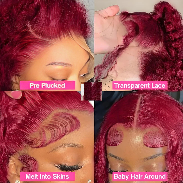 Close-up details of EuxmeHair 99J Burgundy Lace Front Wig showing pre-plucked hairline, transparent lace, baby hairs, and natural melt into skin effect.