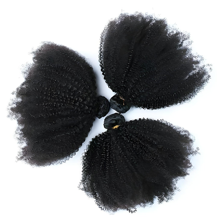 Flat lay of three EuxmeHair Afro Curly bundles showing full and dense texture.