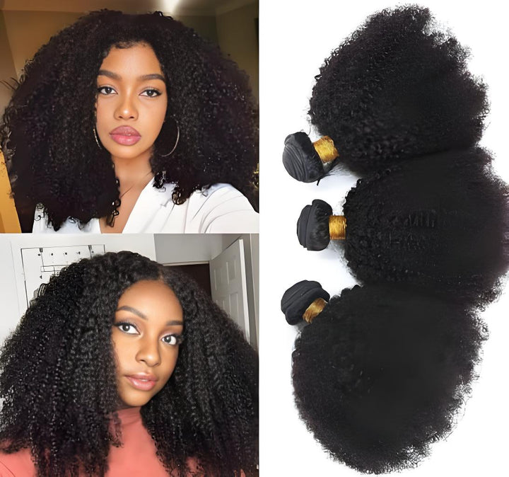 Two models wearing Afro Curly hair with a bundle pack shown on the right side.