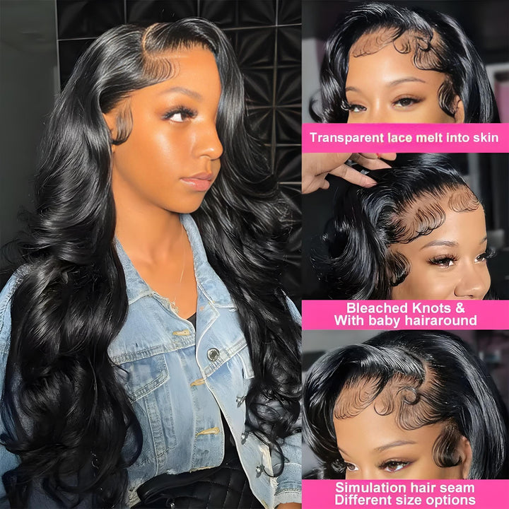 Multiple model close-ups showing bleached knots, transparent lace melt, baby hairs, and realistic hairline finish.