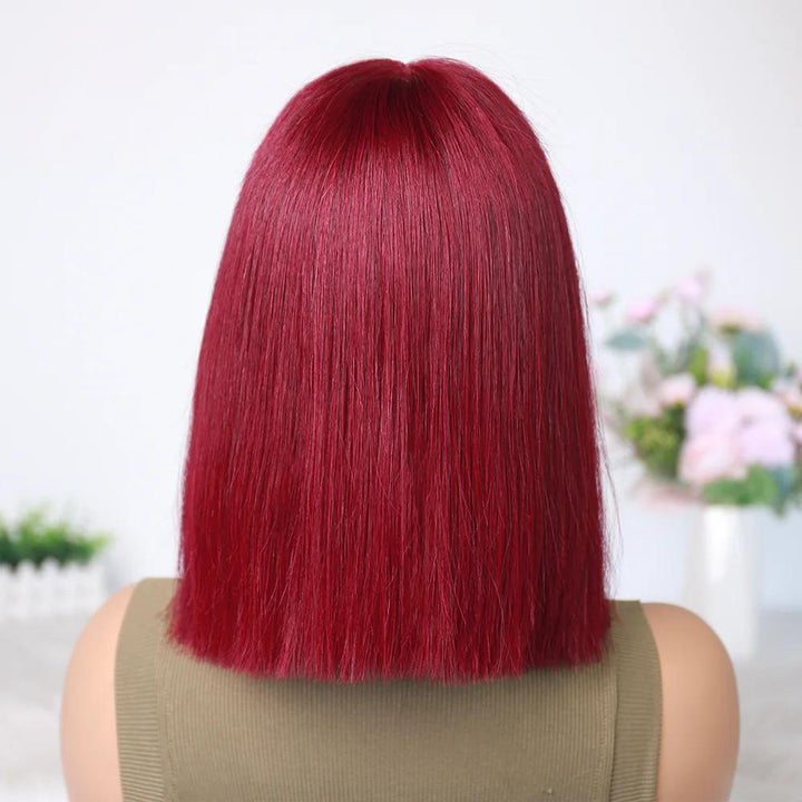 Back view of a sleek straight bob wig in vibrant reddish burgundy shade, worn by a mannequin.