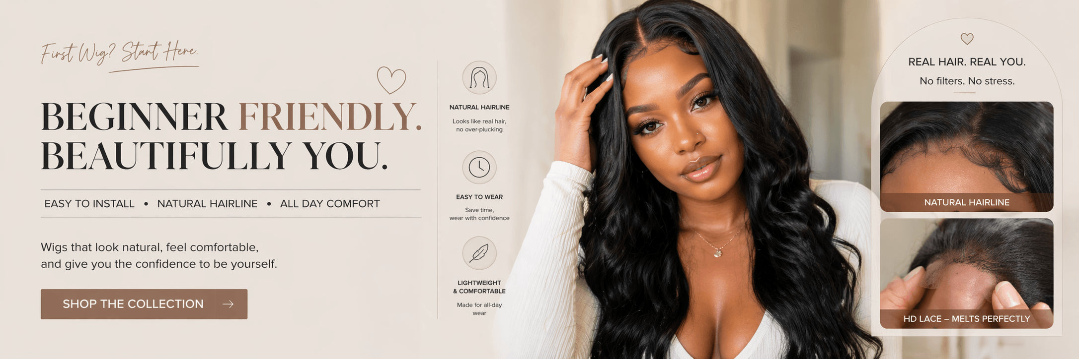 Black woman wearing a beginner friendly lace wig with natural hairline and easy to install design