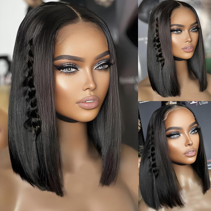 Front and side mannequin views of bob full lace wig in straight natural color, showing sleek finish and lace hairline.