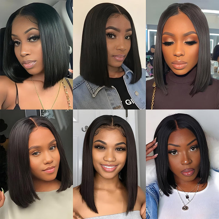 Mannequin display of bob full lace wig with lace detail and sleek straight texture in natural color.