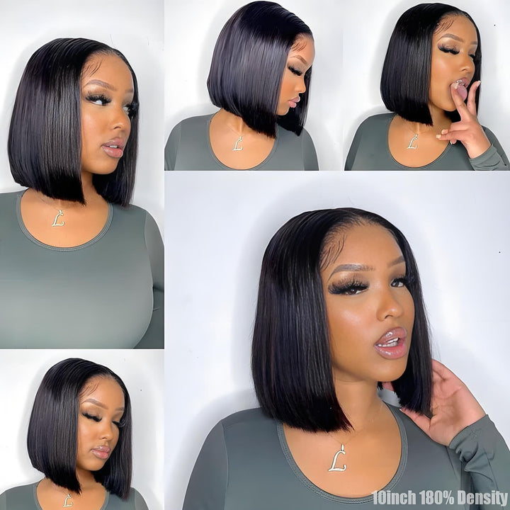 Side profile of straight natural color bob full lace wig, highlighting smooth strands and natural shine.