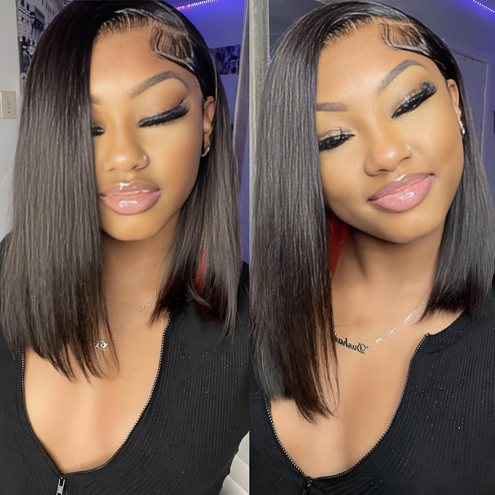 Close-up of soft lace and natural parting line on bob full lace wig in straight natural color.