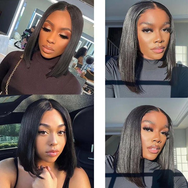 Multiple styling angles of bob full lace wig in straight natural color, including front, back, and sides.