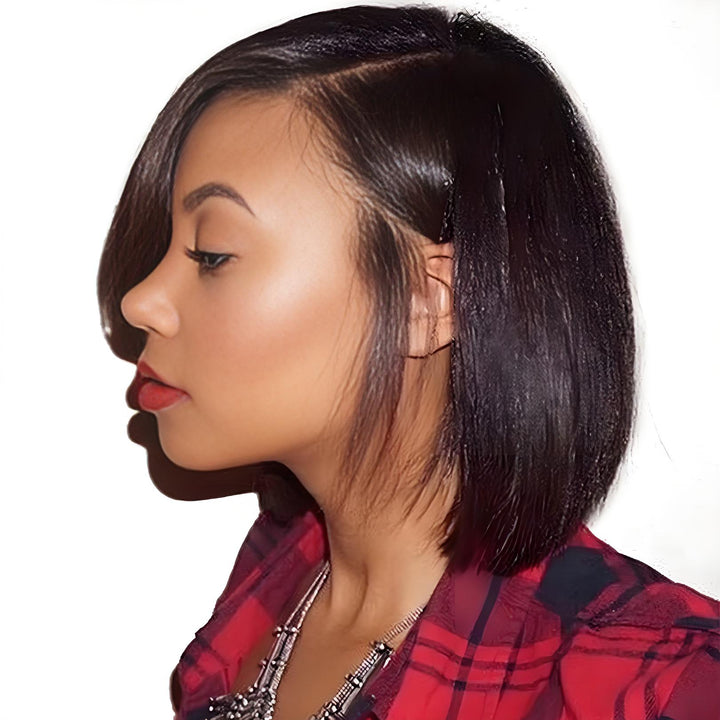 Back view of bob full lace wig in yaki straight, natural color, highlighting smooth texture and even cut.