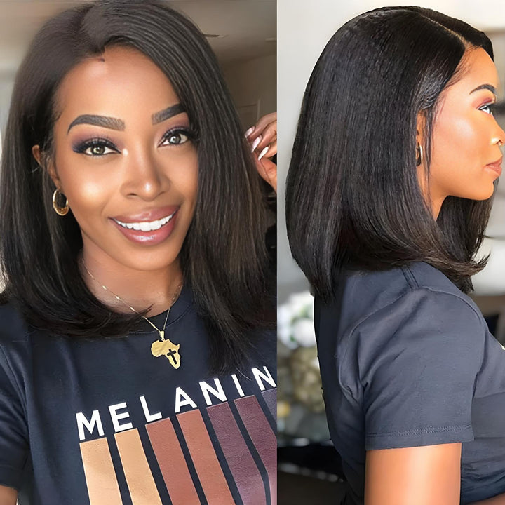 Front view of bob full lace wig in yaki straight, natural color, featuring natural hairline and sleek finish.