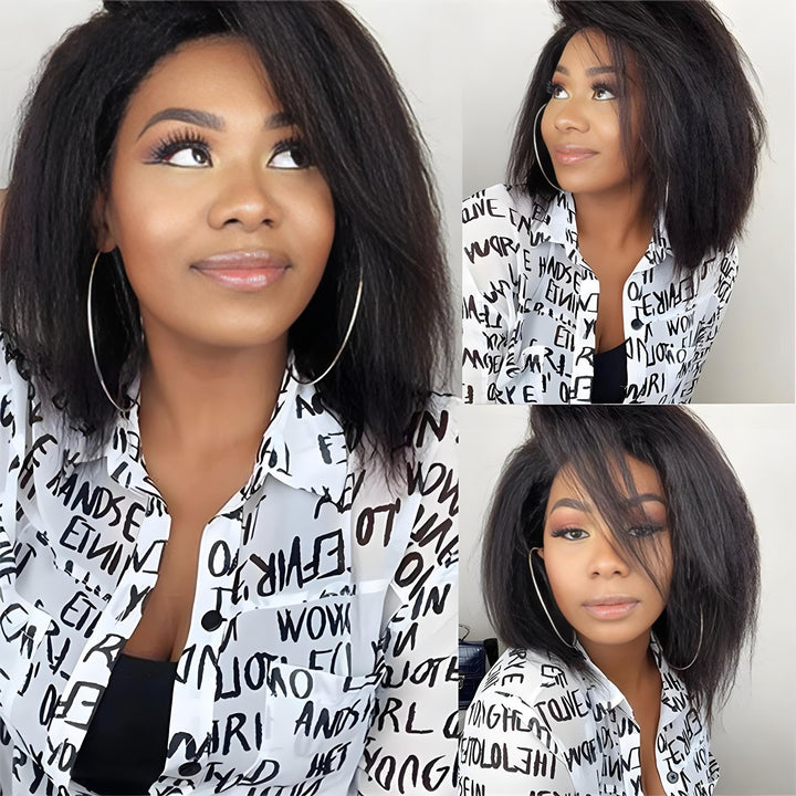 Close-up view of lace front on bob full lace wig in yaki straight, natural color, showing fine lace and pre-plucked hairline.