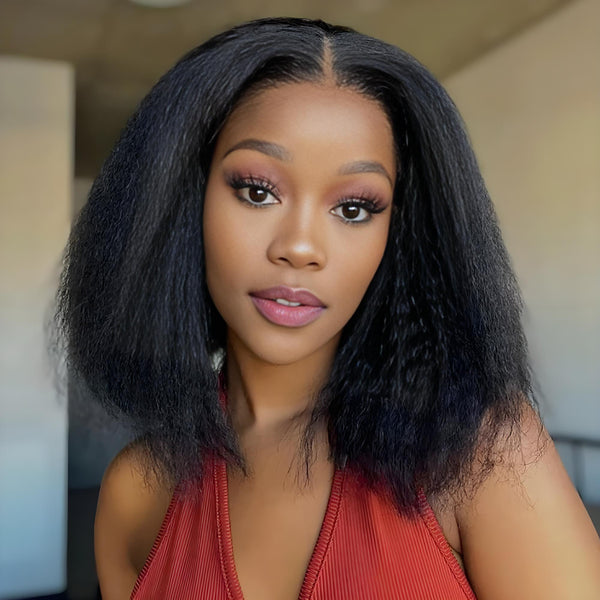 Close-up of hair length and texture on bob full lace wig in yaki straight, natural color, highlighting healthy shine.