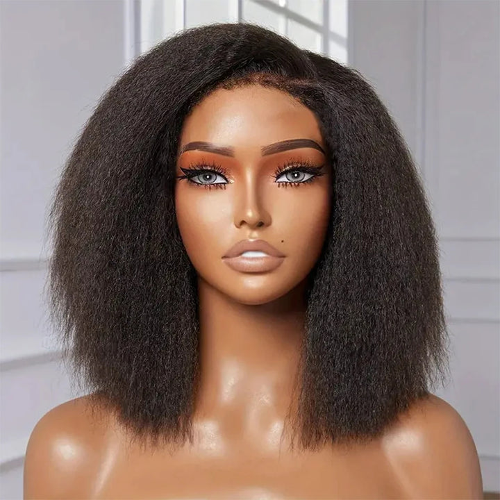 Bob full lace wig in yaki straight, natural color displayed on mannequin, showing realistic lace and sleek style.
