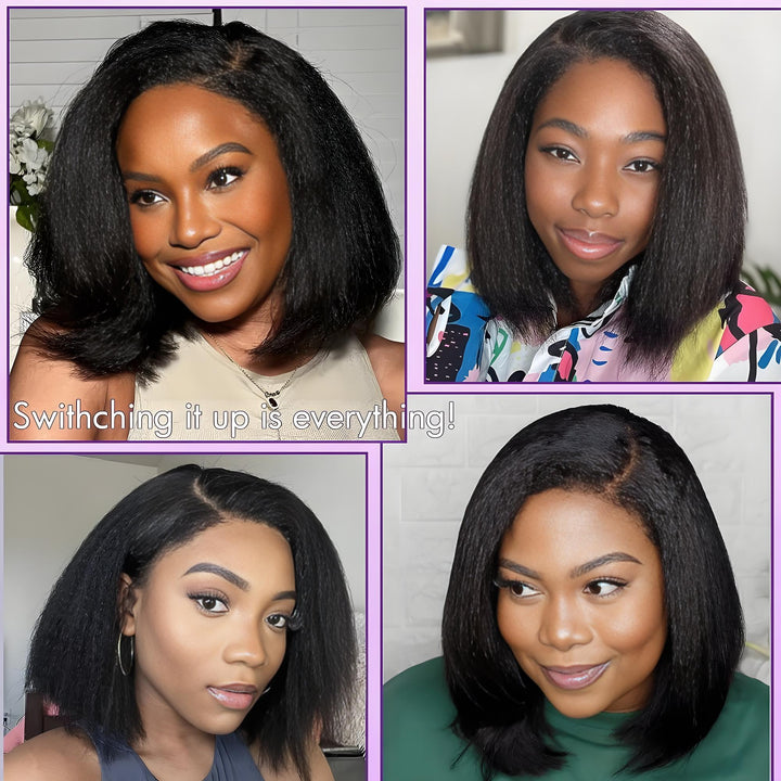 Close-up of parting options on bob full lace wig in yaki straight, natural color, showing natural scalp appearance.