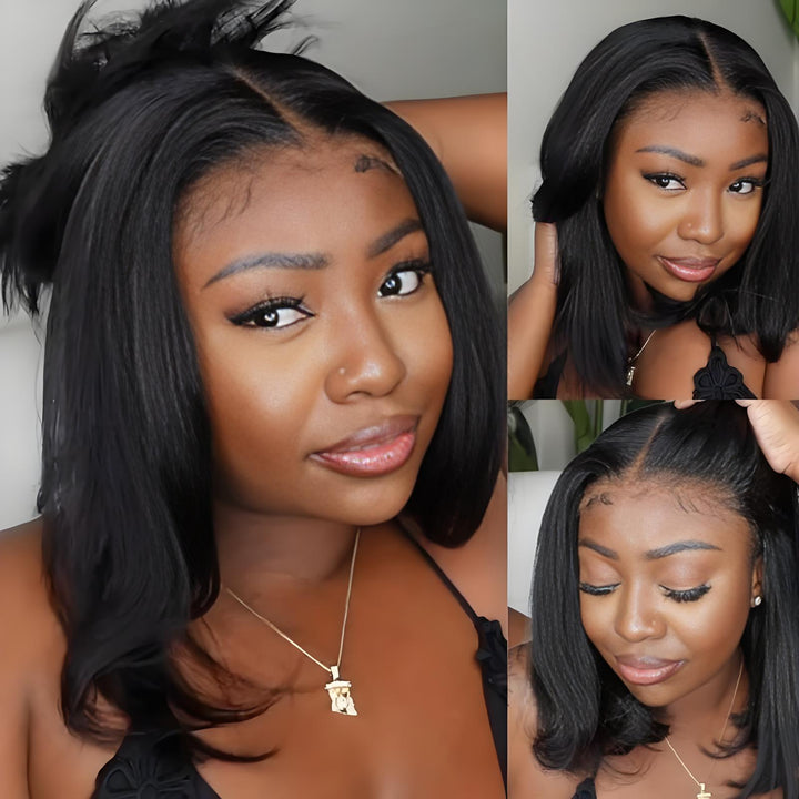 Side view of bob full lace wig in yaki straight, natural color, showing layered cut and smooth texture.