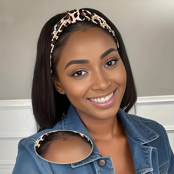 Visual infographic highlighting the benefits of bob headband wig such as no glue needed, quick install, and beginner friendly.