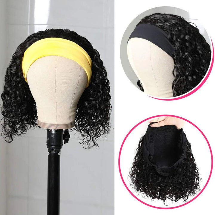 Cap structure and back view of EuxmeHair Bob Headband Wig, showing elastic band and curly texture.
