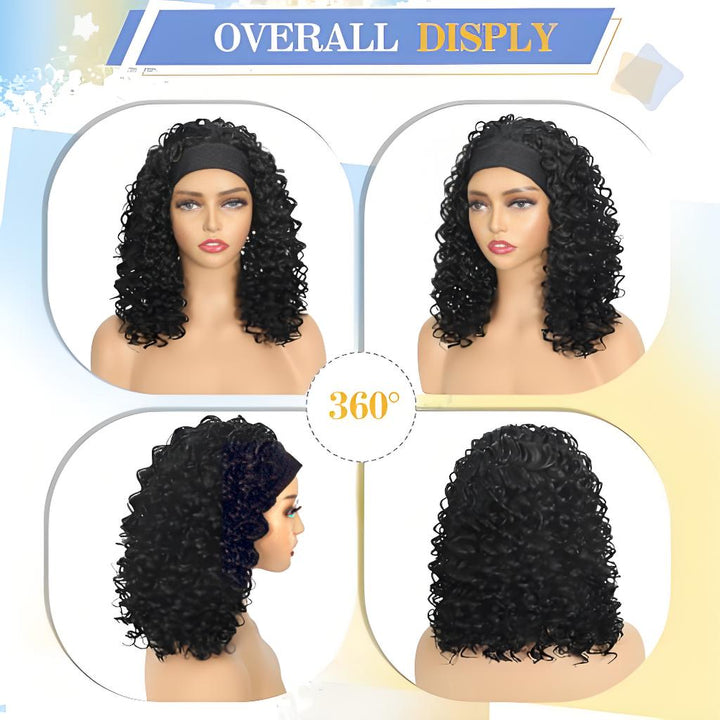 360° display of EuxmeHair Bob Headband Wig with deep wave curls, shown on mannequin from all angles.