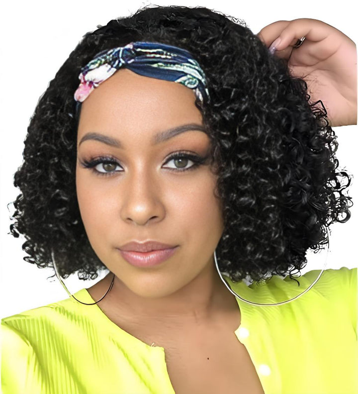Close-up of model wearing deep wave Bob Headband Wig with printed headband, natural makeup look.