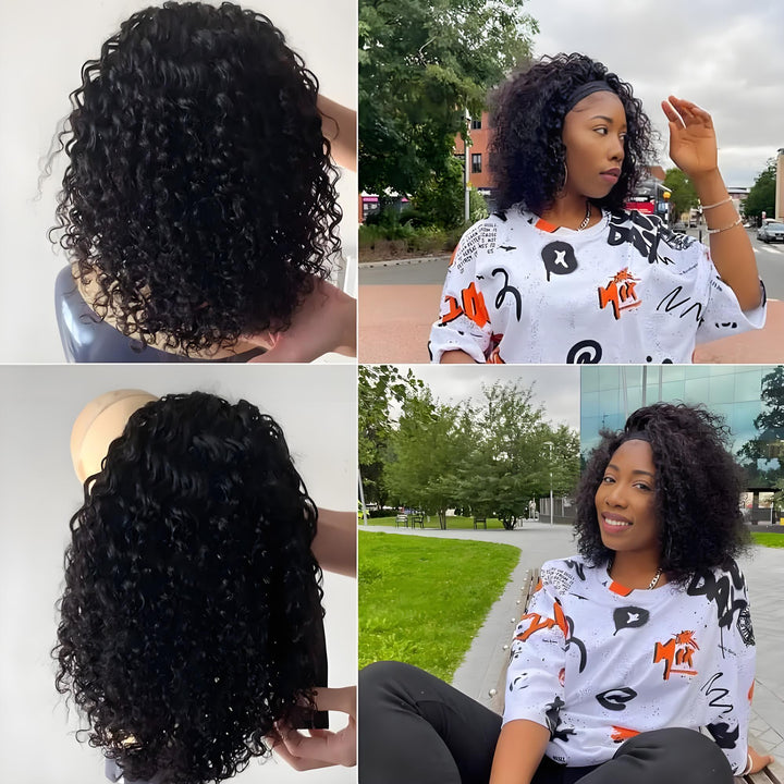 Real-life views of EuxmeHair Bob Headband Wig in deep wave texture, worn outdoors and on mannequin head.