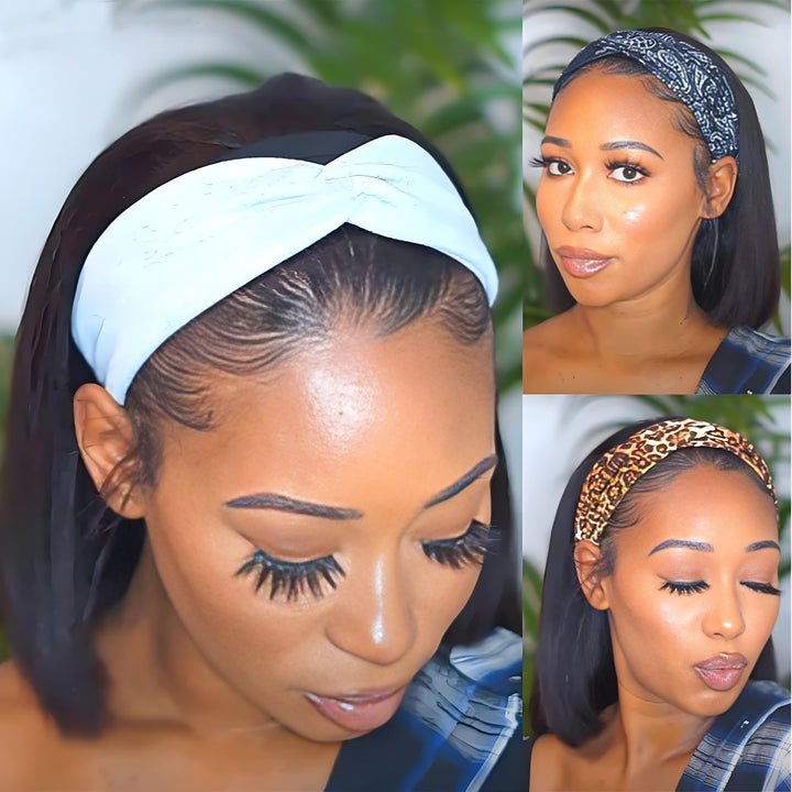 Front angle of bob headband wig with natural straight texture, displayed on mannequin with decorative headband.