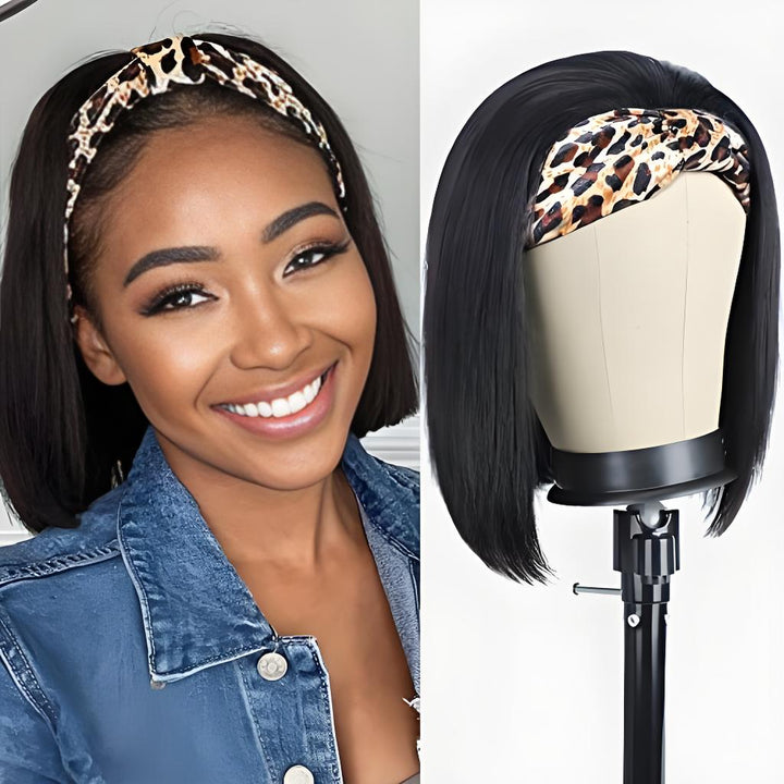 Before and after comparison of full look with bob headband wig, showing transformation and natural hairline coverage.