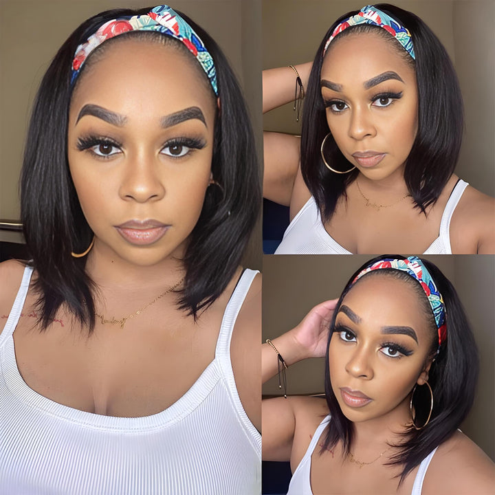Step-by-step visual showing how to install a bob headband wig, including wear, adjust, and style process.