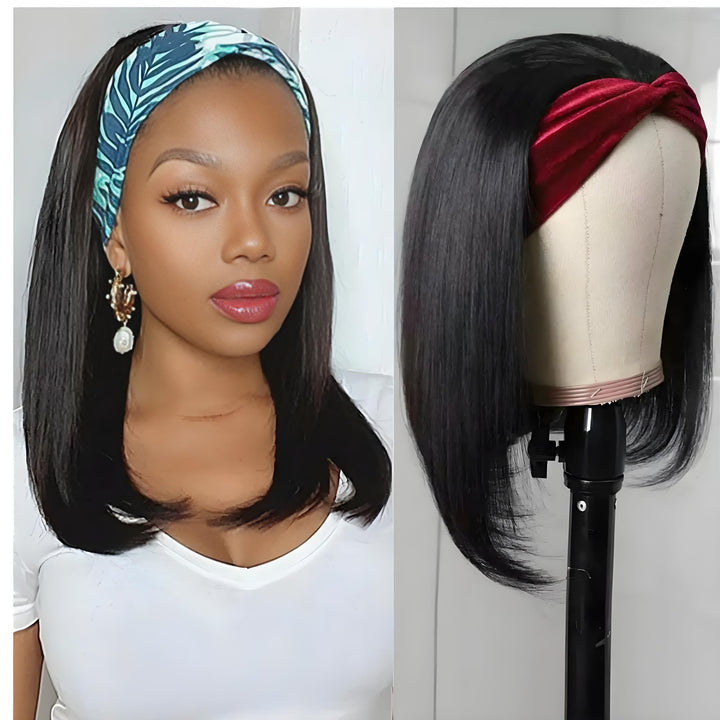 Lifestyle shot of model wearing bob headband wig with relaxed smile, showcasing easy everyday wearability.