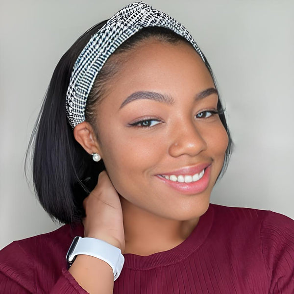 Model wearing bob headband wig with sleek straight texture, styled with natural makeup and vibrant headband.