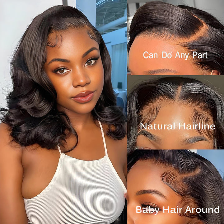 HD lace bob wig featuring parting options, baby hair, and natural hairline.
