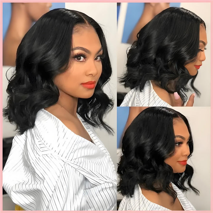 Bob wig displayed from front, side, and back for full style view.