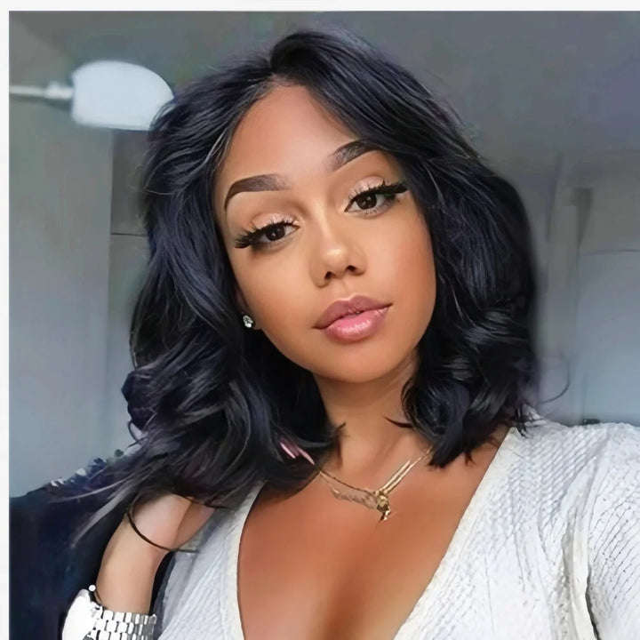 Woman wearing natural color body wave bob wig with soft texture and shine.
