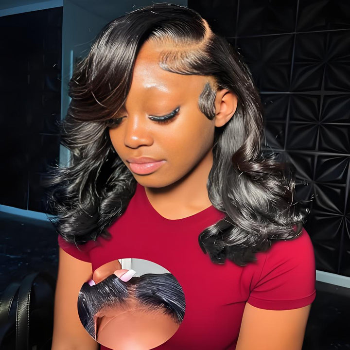 Side part bob wig with defined baby hair and HD lace scalp detail.