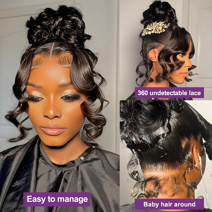 Model wearing a styled high bun with curled ends, showcasing 360 undetectable lace and baby hairs around the nape.