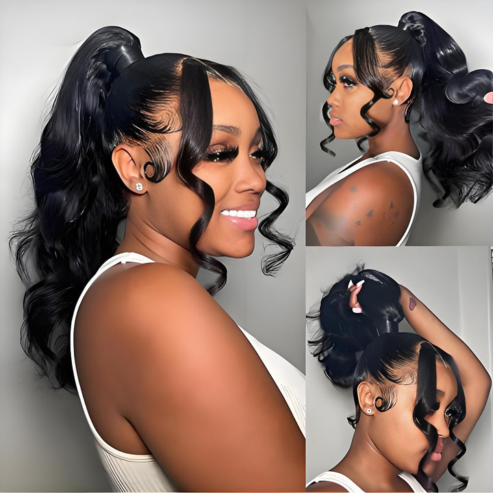 Smiling model in a body wave 360 lace wig styled into a sleek high ponytail with soft curls and pre-plucked hairline.