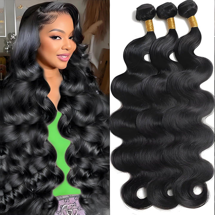 Zoomed-in view of black body wave hair with overlaid text listing quality features: young donor cut, bouncy, shiny, soft, dyeable, and minimal short hairs.