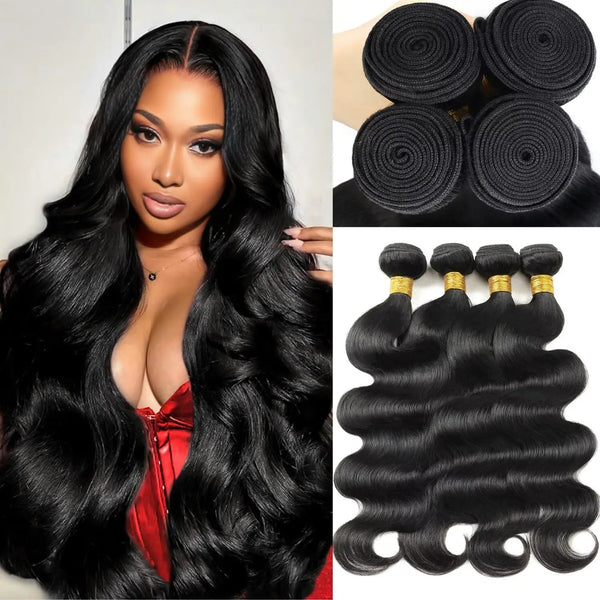 Model with long, voluminous body wave hair styled in soft curls, alongside four black hair bundles rolled neatly at the top.