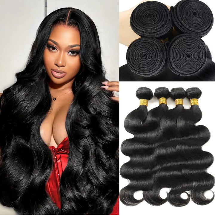 Model with long, voluminous body wave hair styled in soft curls, alongside four black hair bundles rolled neatly at the top.